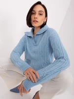 Light blue sweater with cables and collar