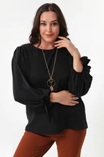 Lafaba Women's Black Crewneck Plus Size Blouse with Necklace