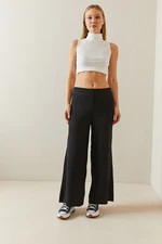 XHAN Black High Waist Wide Leg Knitwear Trousers