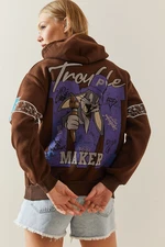 XHAN Brown Raised & Back Printed Hooded Sweatshirt