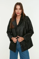 Trendyol Black Faux Leather Oversize Pocket Detailed Woven Jacket