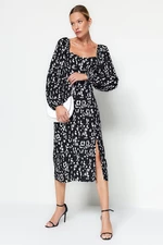 Trendyol Black Straight Cut Patterned Slit Detailed Viscose Woven Woven Dress