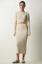 Happiness İstanbul Women's Cream Ribbed Crop Knitwear Sweater Skirt Suit