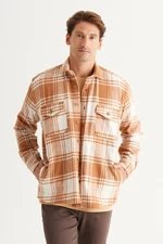 AC&Co / Altınyıldız Classics Men's Mink-ecru Oversize Loose Cut Button Collar Checked Winter Shirt Jacket