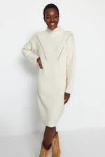 Trendyol Stone Mini Knitwear Standing Collar Dress