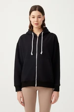 LOS OJOS Women's Black and White Hooded Oversized Rayon Zipper Knitted Sweatshirt