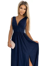 Long brocade dress with neckline and stitching at the waist Numoco