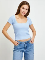 Světle modré dámské žebrované cropped tričko Guess - Dámské