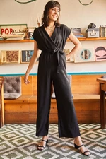 Olalook dámské černé široké kalhoty s páskem, tkané Bodrum kombinézy