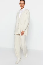 Trendyol Stone Pearl Buttoned Knitwear Cardigan-Trousers Two Piece Set