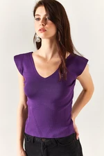 Olalook Women's Purple Shoulder And Skirt Detailed Front Back V Knitwear Blouse