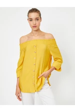 Koton Women's Yellow Buttoned Sleeve Open Shoulder Shirt