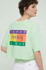 Bavlnené tričko Tommy Jeans dámske,zelená farba,DW0DW18141