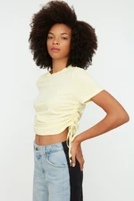 Trendyol Yellow 100% Cotton Shirred Basic Crew Neck Knitted T-Shirt