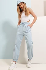 Trend Alaçatı Stili Women's Blue Two-Threaded Sweatpants with Elastic Legs