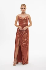 Carmen Copper Shiny Knitted Strapless Long Evening Dress