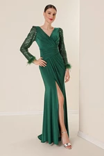 By Saygı Double-breasted Collar Draped Long Sleeves Lined Lycra Dress with Stitching Feather Detail Emerald.