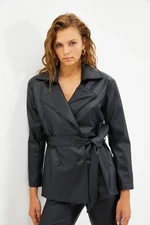 Trendyol Black Belted Oversize Faux Leather Blazer Jacket with Woven Lining