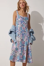 Happiness İstanbul Women's Pink Blue Square Collar Floral Summer Viscose Dress