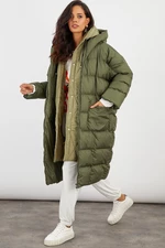 Chladný a sexy dámsky khaki kabát s kapucňou MX06