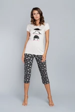 Pyjamas Dima with short sleeves, 3/4 pants - ecru print/dark melange
