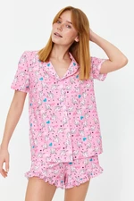 Trendyol Růžová 100% Bavlněná Zábavně Vzorovaná Košile-Kraťasy Pletené Pyžamová Sada