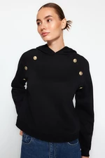 Trendyol Black Hoodie with Button Detail, Regular Fit, Fleece Inside Knitted Sweatshirt