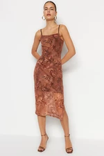 Trendyol Limited Edition Brown Printed Fitted Midi, Flexible Knit Dress