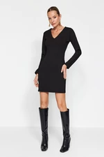 Trendyol Black Slimming/Toning V-neck Knitted Mini Dress that wraps the body