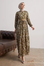 InStyle Else Stone Patterned Dress with Straw Belt - Khaki