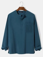 Mens Solid Color Pleated Pocket Daily Long Sleeve Henley Shirts
