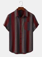 Mens Combined Striped Button Up Cotton Linen Short Sleeve Shirts