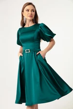 Lafaba Women's Emerald Green Mini Satin Evening Dress with Balloon Sleeves and Stones Belt.