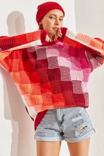Dámsky pletený sveter Bianco Lucci s farebným štvorcovým vzorom