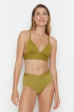 Trendyol Oil Green V-Cut Teksturowany dół bikini z wysokim stanem i normalnymi nogawkami