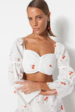 Trendyol White Fruit Patterned Crop Blouse with Woven Embroidery