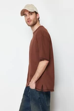 Trendyol Brown Oversize Stitch Detail 100% Cotton T-Shirt