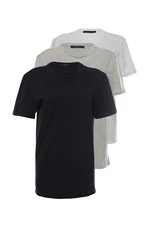 Trendyol Navy-Grey Melange-White Basic Slim/Slim Fit 100% Cotton 3 Pack Short Sleeve T-Shirts