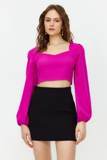 Trendyol Pink Crop Heart Collar Long Sleeve Woven Blouse