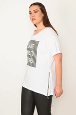 Şans Women's Plus Size White Front Stone And Line Print Detailed Side Zipper Slit Blouse