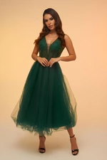 Carmen Emerald Tulle Decollete Back Midi Promise Dress