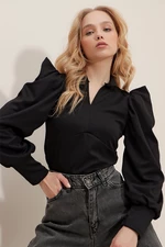 Trend Alaçatı Stili Women's Black Cocktail Collar Princess Knitted Crop Top with Sleeves