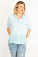 Şans Women's Plus Size Blue Polo Collar and Button-Placed Glitter And Stone Detailed Blouse
