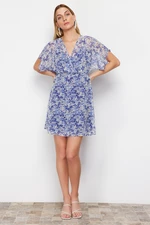 Trendyol Blue Floral Print A-line Double Breasted Collar Lined Chiffon Mini Woven Dress