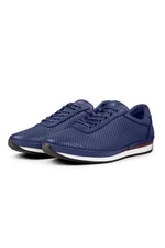 Ducavelli Pointed Genuine Leather Men's Casual Shoes, Genuine Leather Summer Shoes, Perforated Shoes Navy Blue.
