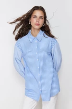 Trendyol Blue Stone Detailed Cotton Woven Striped Shirt