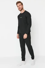 Trendyol Men's Black Slogan Printed 2 Thread Knitted Pajamas Set