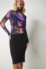 Happiness İstanbul Women's Purple Black Draped Stand Up Sandy Blouse