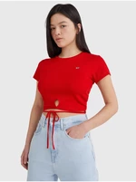 Tommy Jeans Red Women Ribbed Cropped T-Shirt with Tie at Waist Tom - Women