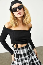 XHAN Women's Black Shirred Detailed Boat Collar Camisole Blouse